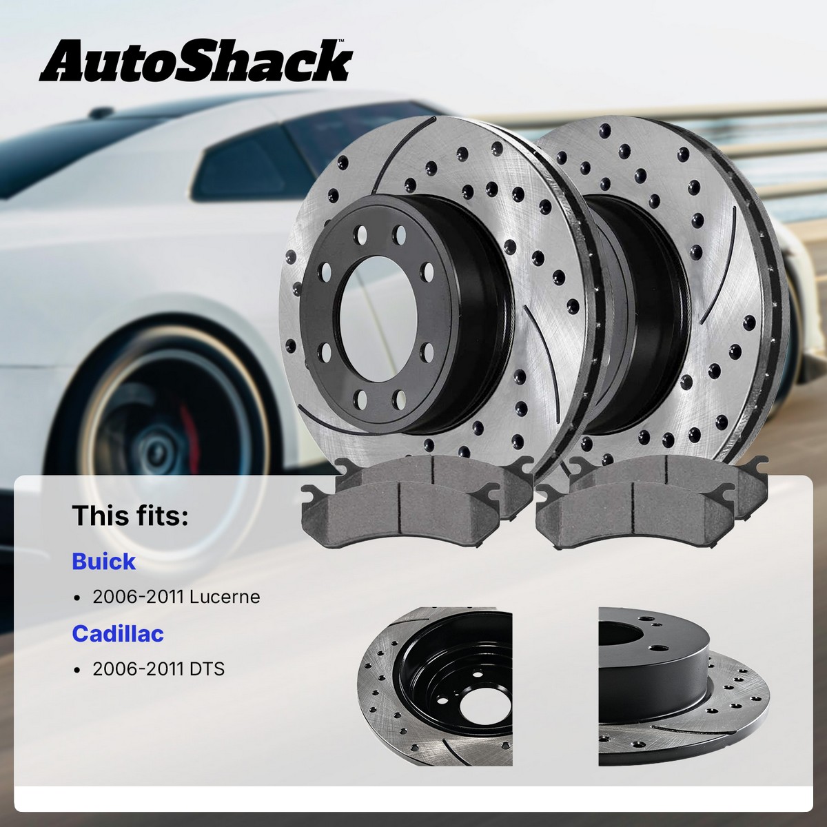 Front Rear Drilled Slotted Brake Rotors Ceramic Pads for Cadillac DTS 4.6L - Picture 2 of 7